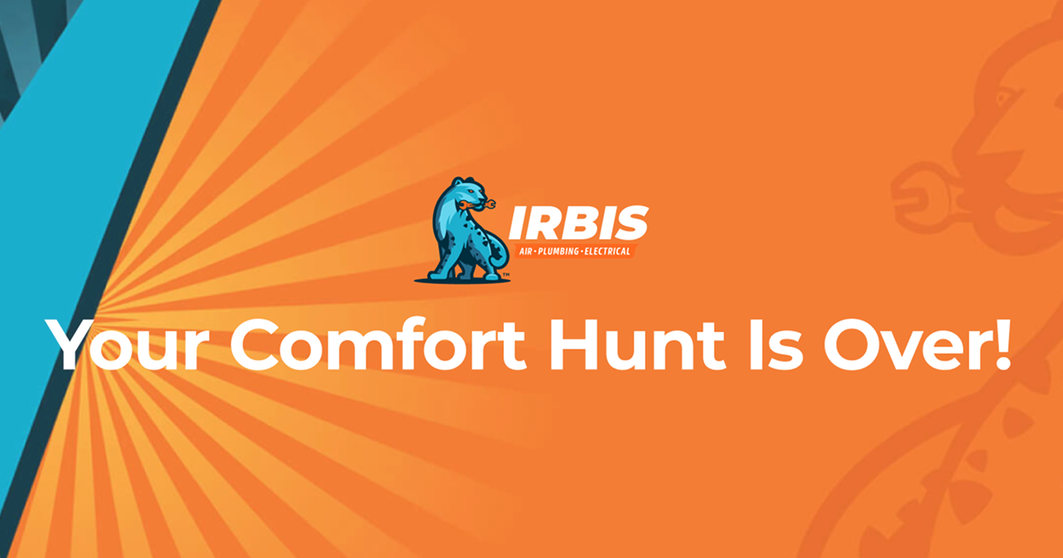 The IRBIS brand banner showing the company's snow-leopard mascot over a 'Your Comfort Hunt Is Over' graphic for the San Jose, California home-services company